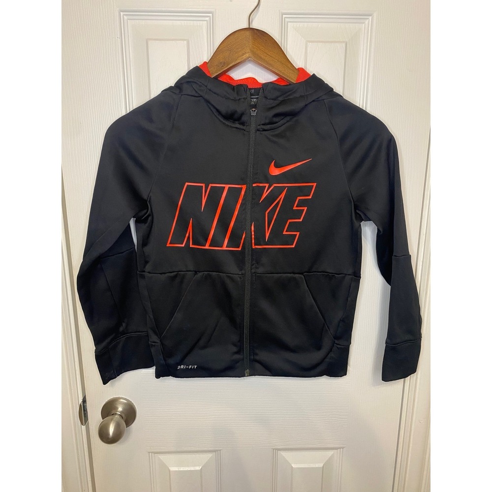 Kids Nike Dri Fit‎ Jacket Boys Small Black Orange Full Zip Hoodie